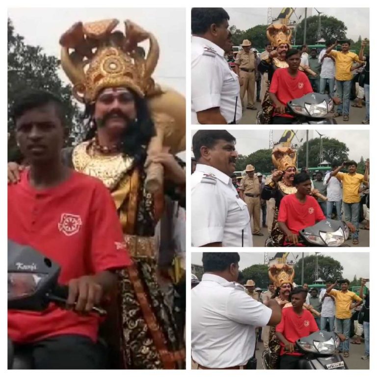 ಹೆಲ್ಮೆಟ್ ಧರಿಸದ ಸವಾರರಿಗೆ ವಾರ್ನಿಂಗ್ ನೀಡಲು ಬೀದಿಗಿಳಿದ ಯಮ: ಪೊಲೀಸರ ಕೆಲಸಕ್ಕೆ ಜನರಿಂದ ಮೆಚ್ಚುಗೆ