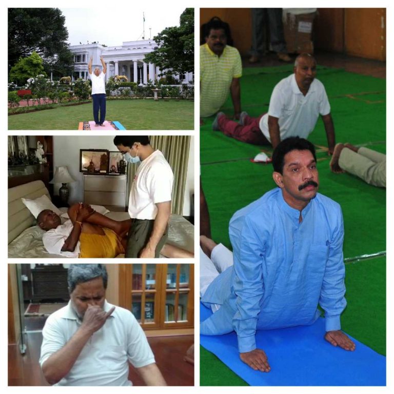 ರಾಜ್ಯಪಾಲ ವಜುಭಾಯ್ ವಾಲಾ,ದೇವೇಗೌಡರಿಂದ ಯೋಗಾಸನ ಪ್ರದರ್ಶನ