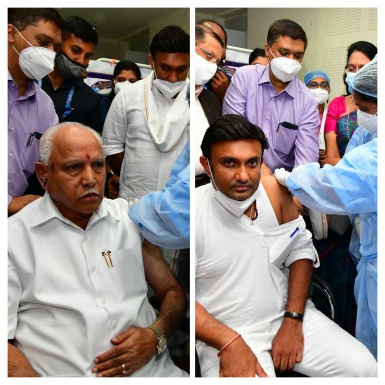 ಕೋವಿಡ್ ಲಸಿಕೆ ಪಡೆದ ಸಿಎಂ ಯಡಿಯೂರಪ್ಪ, ಆರೋಗ್ಯ ಸಚಿವ ಸುಧಾಕರ್